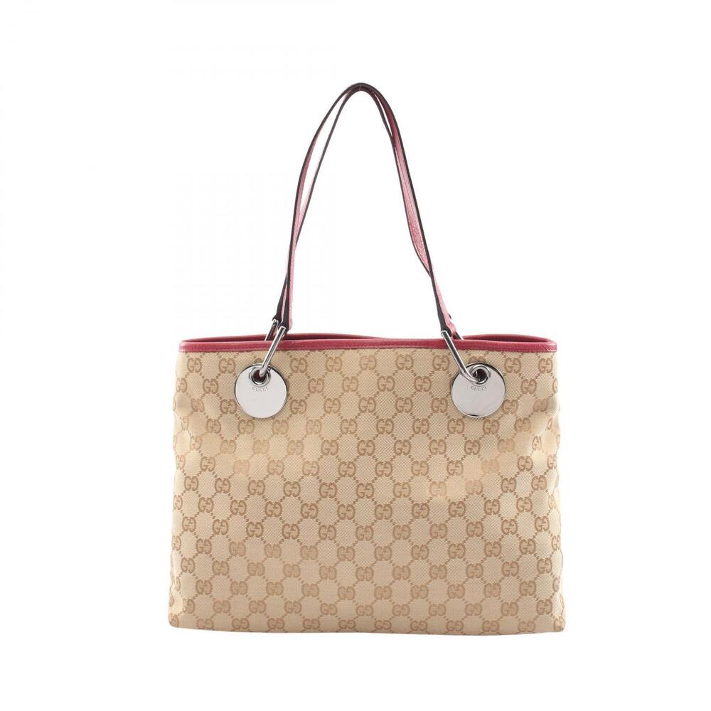 Gucci GG Canvas Tote Bag Leather Beige Cream Burgundy Red